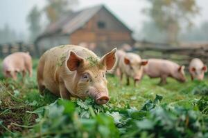 ai gerado livre alcance doméstico porcos comendo em uma prado.generativo ai foto