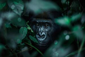 ai gerado retrato dominante masculino gorila dentro floresta.generativa ai foto
