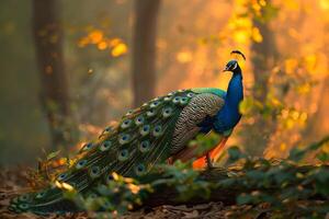 ai gerado majestoso pavão carrinhos orgulhoso dentro natural habitat pôr do sol claro. generativo ai foto