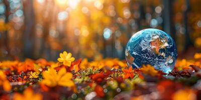 ai gerado outono natureza cenário com globo e caído folhas. de Meio Ambiente conceito do mudando temporadas e planeta terra preservação. foto