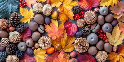 ai gerado outono fundo com colorida folhas, pinho cones, nozes e bagas foto