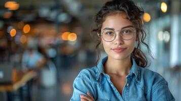 ai gerado mulher dentro óculos inclinado contra parede foto