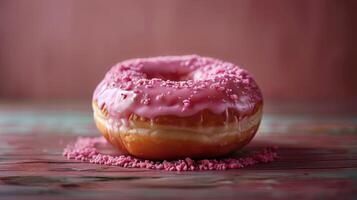 ai gerado rosquinha com Rosa granulados em mesa foto