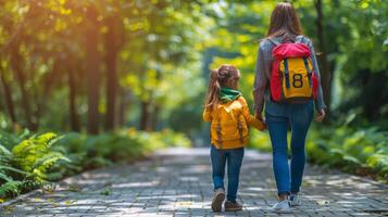 ai gerado mãe e filha caminhando dentro madeiras foto