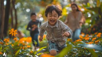 ai gerado jovem criança corrida através floresta com laranja flores foto