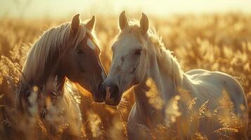 ai gerado dois branco cavalos em pé dentro campo foto