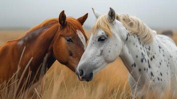 ai gerado dois branco cavalos em pé dentro campo foto