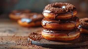 ai gerado pilha do envidraçado rosquinhas em de madeira mesa foto