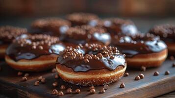 ai gerado chocolate coberto rosquinha em de madeira borda foto