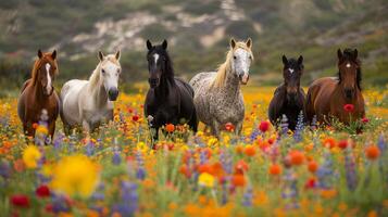 ai gerado grupo do cavalos em pé dentro campo do flores foto