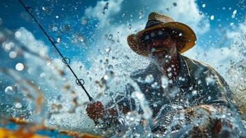 ai gerado homem dentro uma barco em uma lago foto