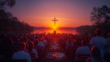 ai gerado grupo do pessoas sentado dentro parque às pôr do sol foto