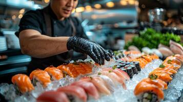 ai gerado homem preparando Sushi às restaurante foto