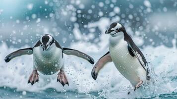 ai gerado grupo do pinguins espirrando dentro água foto