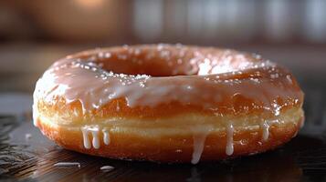 ai gerado envidraçado rosquinha em mesa foto