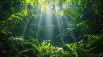 ai gerado denso folhagem dentro uma exuberante verde floresta foto