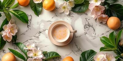 ai gerado copo do café com leite e Primavera flores em branco mármore mesa, plano deitar foto