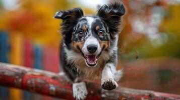 ai gerado cachorro corrida através de madeira ponte dentro outono foto