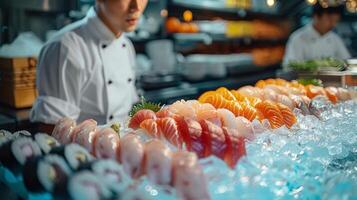 ai gerado homem preparando Sushi às restaurante foto