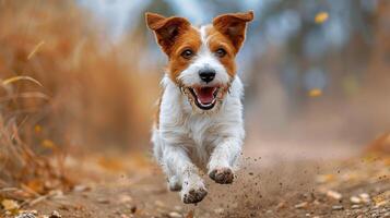 ai gerado Castanho e branco cachorro corrida em sujeira estrada foto