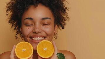 ai gerado uma delicioso e alegre mulher, irradiando charme e positividade, detém dois laranja fatias, de brincadeira fechamento 1 olho foto