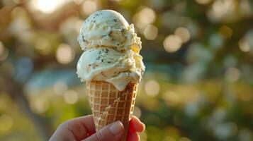 ai gerado mão segurando gelo creme cone com coberturas foto