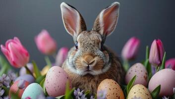 ai gerado Páscoa Coelho cercado de colorida tulipas e Páscoa ovos foto