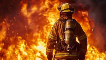 ai gerado bombeiro lutando intenso chama, heróico esforços para ao controle enfurecido inferno. bravura e dedicação do primeiro respondentes dentro açao contra perigoso fogo emergência foto