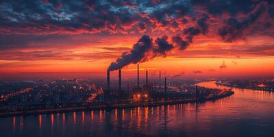 ai gerado aéreo Visão do carvão poder plantar às pôr do sol dentro Rotterdam, Países Baixos foto