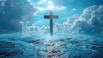 ai gerado a Cruz do Jesus Cristo carrinhos alta e majestoso sobre uma grande corpo do água, com uma brilhante luz brilhando baixa a partir de acima. foto