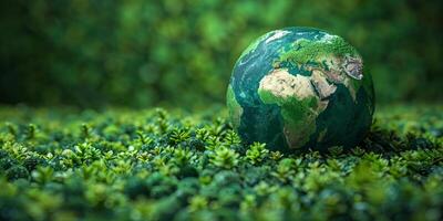 ai gerado verde terra globo em exuberante verde Relva fundo. de Meio Ambiente conservação conceito. foto