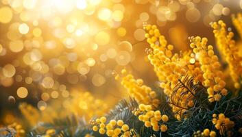 ai gerado lindo mimosa flores em bokeh fundo com cópia de espaço foto