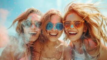 ai gerado grupo do amigos tendo Diversão às a de praia com holi pó. foto