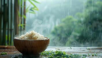 ai gerado cozinhou arroz dentro de madeira tigela em chuvoso dia foto