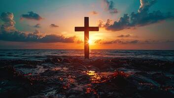 ai gerado a Cruz do Jesus Cristo às pôr do sol foto