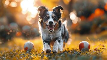 ai gerado cachorro corrida através de madeira ponte dentro outono foto