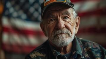 ai gerado patriótico veterano com americano bandeira foto