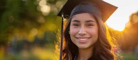 ai gerado a imagem do uma fêmea graduando aluna às pôr do sol foto