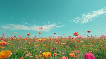 ai gerado uma minimalista tiro do uma vibrante flor campo, com colorida floresce alongamento para a horizonte foto