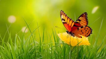 ai gerado Páscoa Primavera fundo com fresco borboleta e amarelo verde Relva foto