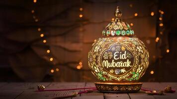 ai gerado intrincadamente decorado luminária rolamento eid Mubarak desejos, festivo vibrações foto