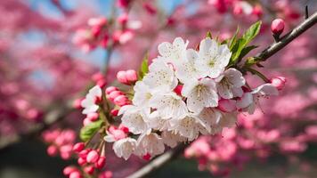 ai gerado digital sakura flor cereja Flor cumprimento cartão modelo, raso profundidade foto