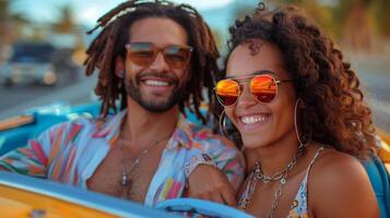 ai gerado uma Diversão e aventureiro foto do uma casal em uma estrada viagem, sentado dentro uma colorida vintage carro e rindo juntos