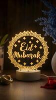 ai gerado eid Mubarak luminária brilha com intrincado Projeto e sincero mensagem vertical Móvel papel de parede foto