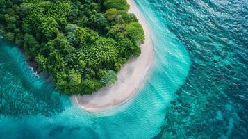 ai gerado uma minimalista aéreo fotografia do uma tropical ilha, com branco arenoso praias, turquesa águas foto