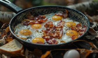 ai gerado uma frigideira mostrando bacon, ovos e torrada foto