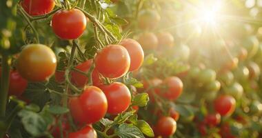 ai gerado luz solar em tomates às uma Fazenda foto