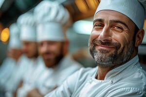 ai gerado sorridente chefe de cozinha dentro chefs equipamento foto