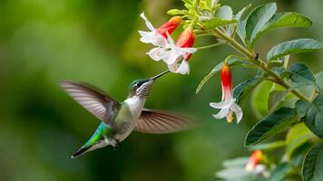 ai gerado beija Flor paira graciosamente debaixo uma borboleta arbusto com flores foto