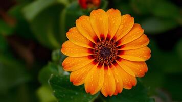 ai gerado brilhante ornamental jardim fundo com chuva gotas em laranja flor foto